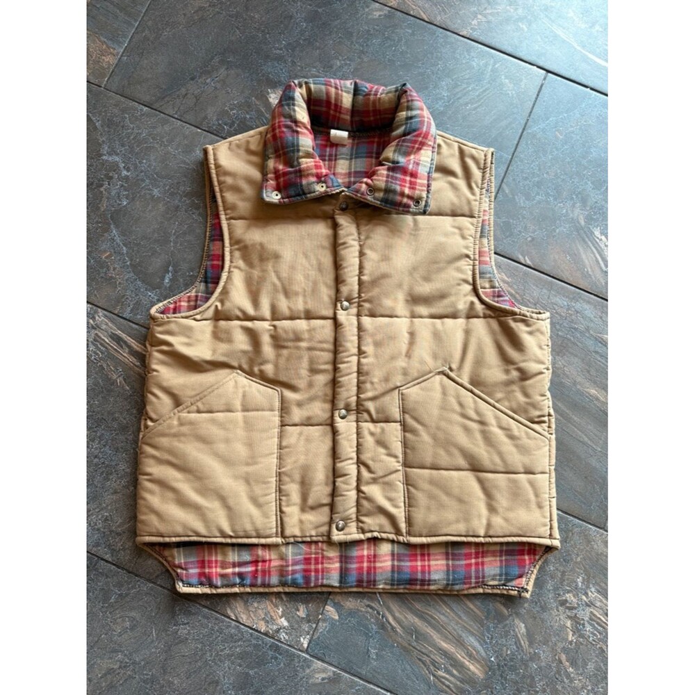 Vintage 1990s quilted puffer vest tan nylon shell & a red plaid flannel lining